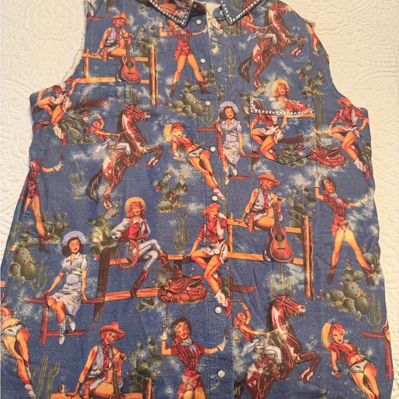 A Rare Bird Jackets & Blazers - A Rare Bird! Women's Western Print Sleeveless Vest - Blue